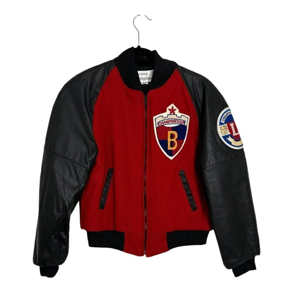 Bloomingdale's Varsity Jacket Boys Medium Red‎ Black Excellent World Staff Patch
